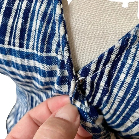 J.Crew Puff Sleeve Wrap Top Indigo Plaid Patchwork Cotton Blouse Size XS - Picture 7 of 15